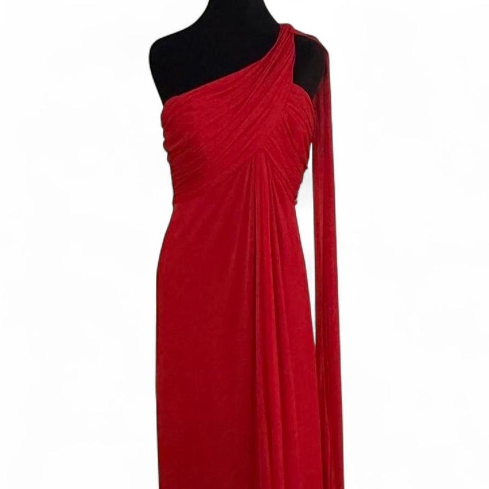 Vintage Alex Evenings red chiffon one-shoulder gown with scarf. Size 10.
